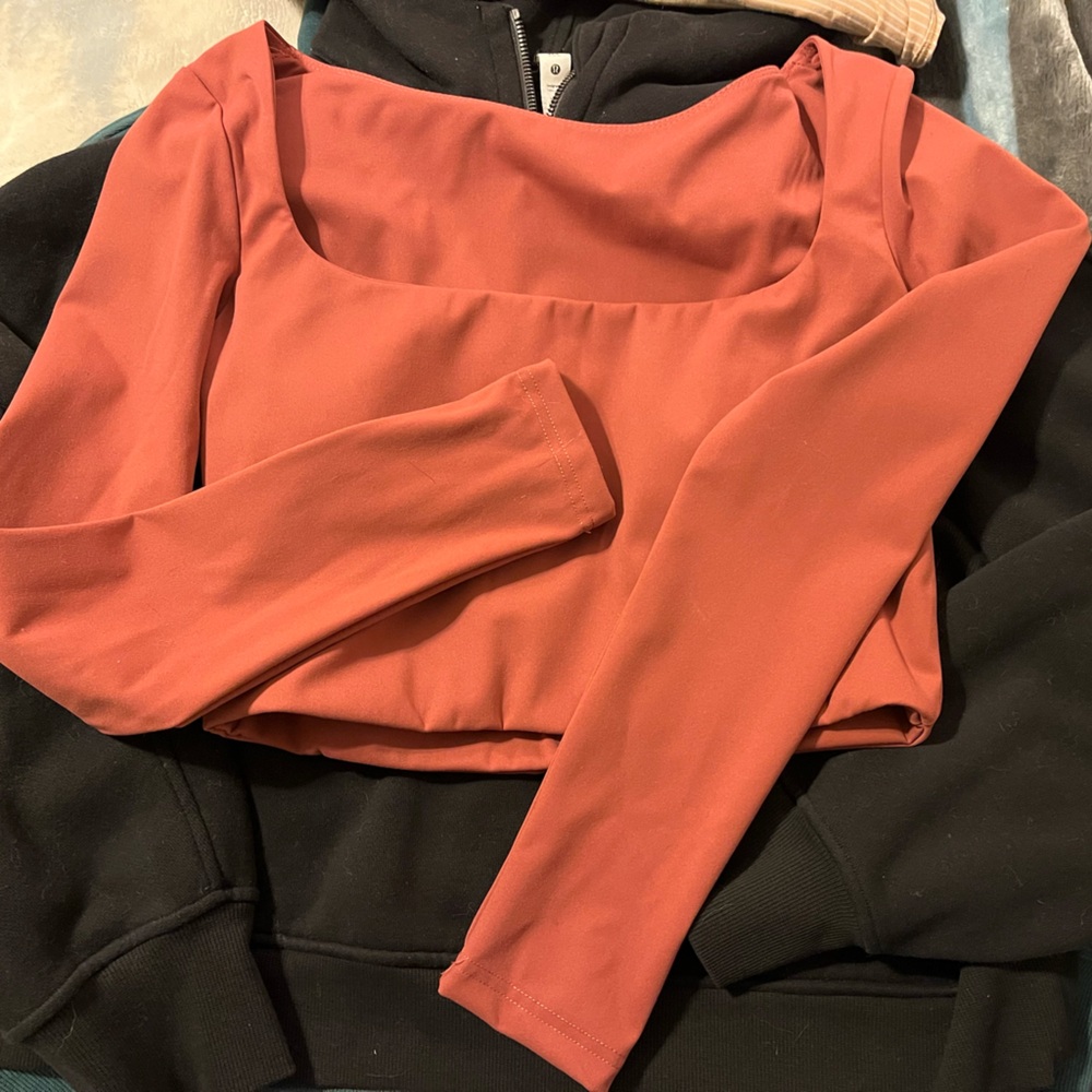 Gold Hinge Square Neck Long Sleeve Top-Pale Red